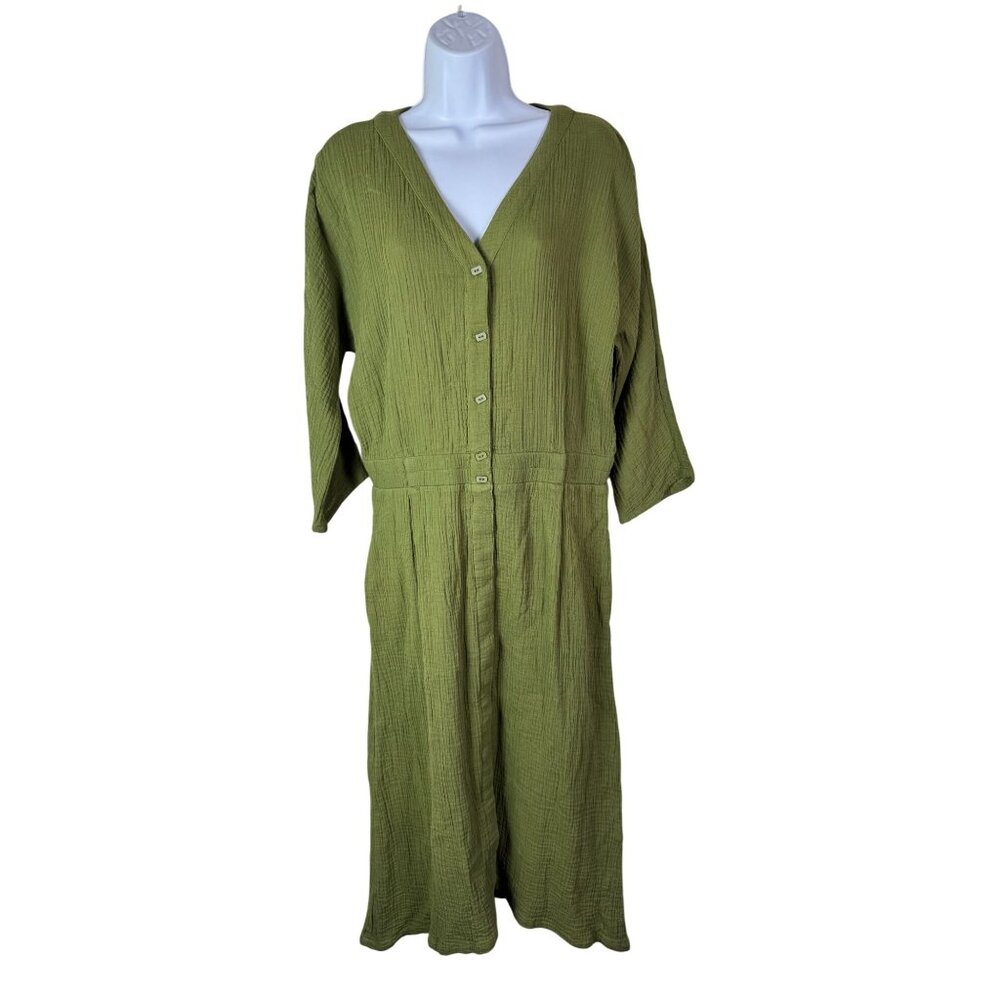 Soft Surroundings Green Gauzy Cotton Button Up Midi Dress Women Size Medium Boho